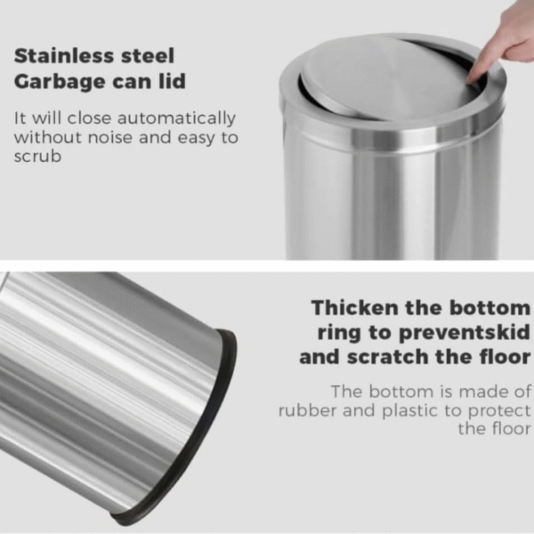 Swing Open-Top Dust Bin Stainless Steel with Lid Garbage Bin Round Shape (12X28 50L )