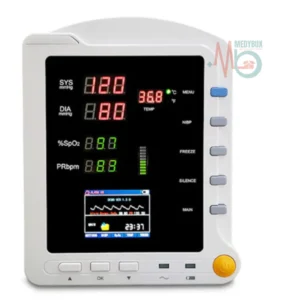 Key Features 2.8" High-Brightness TFT LCD – Clear and sharp real-time readings. NIBP Measurement (Oscillometry) – Reliable blood pressure tracking in Manual, Audio, or Continuous mode. Pulse Oximetry (SpO₂) – Accurate oxygen level and pulse rate monitoring. Dual-Channel Temperature Measurement – Precision readings for comprehensive patient assessment. Large Data Storage – Stores 2000 NIBP and 30,000 SpO₂ records. Rechargeable Li-Polymer Battery – Portable use without frequent charging. Visual & Audible Alarms – Customizable alerts for critical parameters. Technical Specifications NIBP (Blood Pressure) Method: Oscillometry Mode: Manual / Audio / Continuous Range: 25 – 260 mmHg Resolution: 1 mmHg Accuracy: ±5 mmHg Alarms: SYS / DIA / MAP alerts SpO₂ (Oxygen Saturation) Range: 0% – 100% Resolution: 1% Accuracy: ±2% (70–100%) Alarm Range: 0 – 100% Temperature Range: 0 – 50°C Resolution: 0.1°C Dual-Channel Monitoring for enhanced accuracy In the Box 1 × CMS 5100 Patient Monitor 1 × SpO₂ Probe 1 × Adult NIBP Cuff 1 × Extension Tube (Blood Pressure) 1 × Power Cord 1 × Power Adapter Product Details Display: 2.8-inch TFT LCD Standard Parameters: NIBP, SpO₂, PR Data Memory: 2000 NIBP & 30,000 SpO₂ entries Dimensions: 190 × 162 × 240 mm Weight: 1.6 kg Alarms: Adjustable upper/lower limits for SYS, DIA, MAP, SpO₂, PR Battery: Rechargeable Li-Polymer