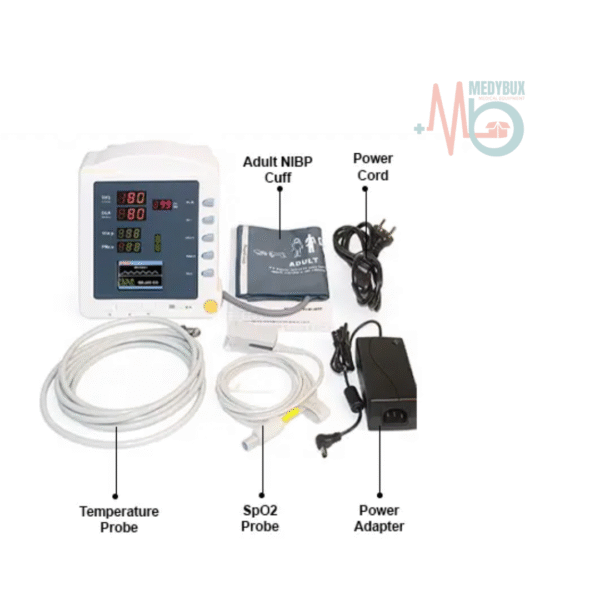Key Features 2.8" High-Brightness TFT LCD – Clear and sharp real-time readings. NIBP Measurement (Oscillometry) – Reliable blood pressure tracking in Manual, Audio, or Continuous mode. Pulse Oximetry (SpO₂) – Accurate oxygen level and pulse rate monitoring. Dual-Channel Temperature Measurement – Precision readings for comprehensive patient assessment. Large Data Storage – Stores 2000 NIBP and 30,000 SpO₂ records. Rechargeable Li-Polymer Battery – Portable use without frequent charging. Visual & Audible Alarms – Customizable alerts for critical parameters. Technical Specifications NIBP (Blood Pressure) Method: Oscillometry Mode: Manual / Audio / Continuous Range: 25 – 260 mmHg Resolution: 1 mmHg Accuracy: ±5 mmHg Alarms: SYS / DIA / MAP alerts SpO₂ (Oxygen Saturation) Range: 0% – 100% Resolution: 1% Accuracy: ±2% (70–100%) Alarm Range: 0 – 100% Temperature Range: 0 – 50°C Resolution: 0.1°C Dual-Channel Monitoring for enhanced accuracy In the Box 1 × CMS 5100 Patient Monitor 1 × SpO₂ Probe 1 × Adult NIBP Cuff 1 × Extension Tube (Blood Pressure) 1 × Power Cord 1 × Power Adapter Product Details Display: 2.8-inch TFT LCD Standard Parameters: NIBP, SpO₂, PR Data Memory: 2000 NIBP & 30,000 SpO₂ entries Dimensions: 190 × 162 × 240 mm Weight: 1.6 kg Alarms: Adjustable upper/lower limits for SYS, DIA, MAP, SpO₂, PR Battery: Rechargeable Li-Polymer